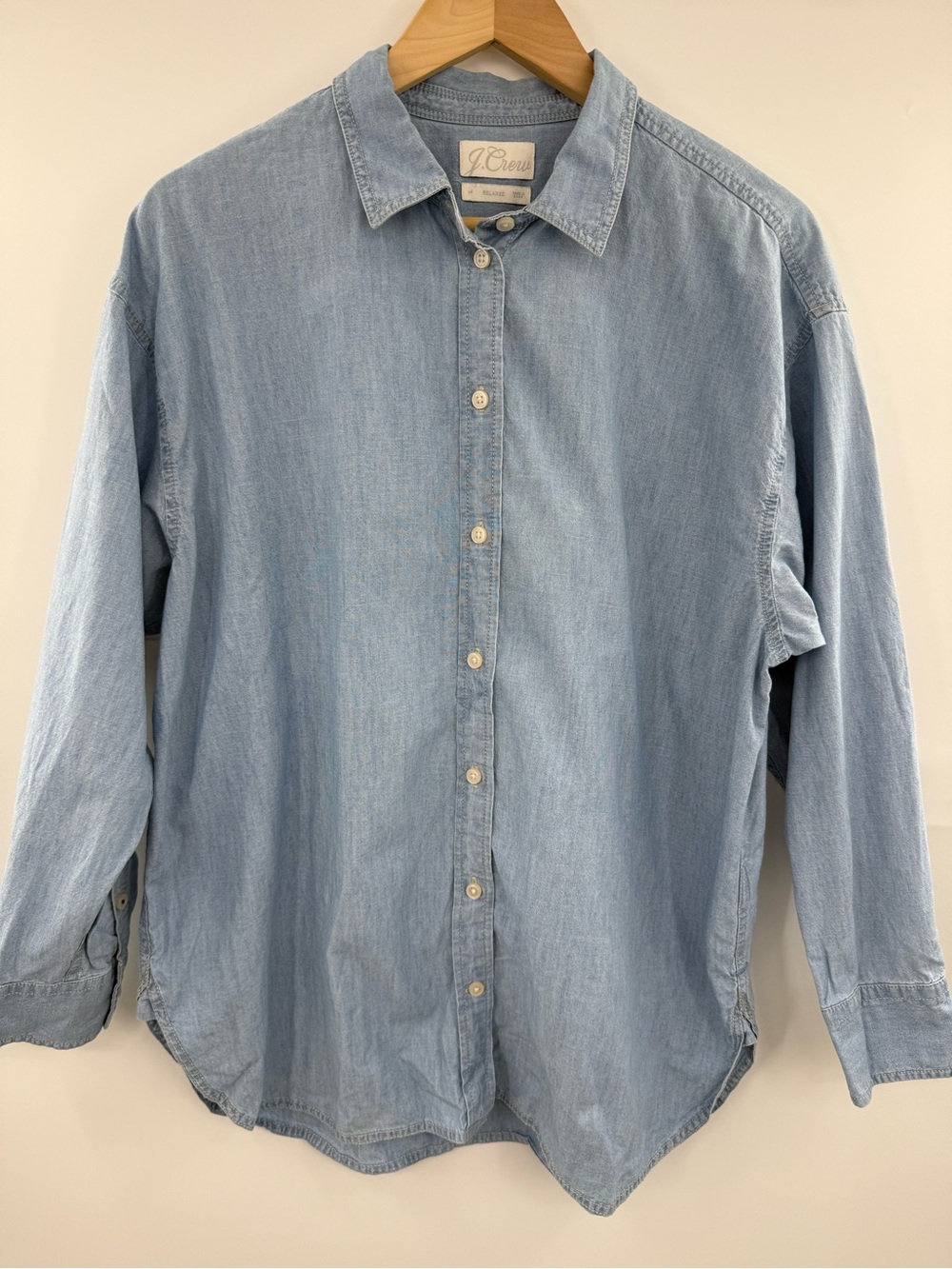 J.Crew Relaxed Fit Chambray Shirt Womens 14 Blue Oversized Button Down AY331